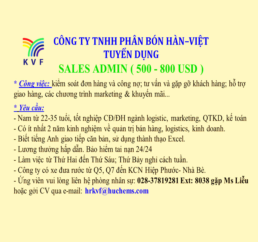 Tuyển Dụng Nv Hỗ Trợ Kinh Doanh- Sales Admin (Kết Thúc) - Công Ty Tnhh Phân  Bón Hàn-Việt (Kvf)